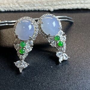 Natural Sterling Jade Green & Purple Stud Earrings Silver 925 Vintage Jewelry